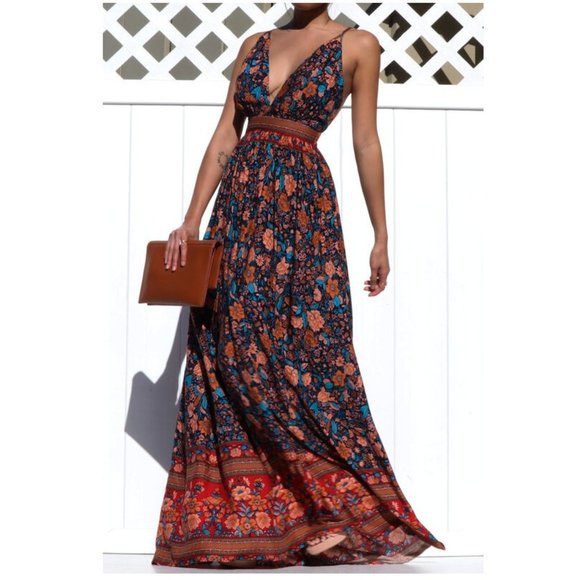 Boho Gypsy Floral Print Open Back Maxi Dress Bohemian Chic Long Dress - Picture 4 of 8